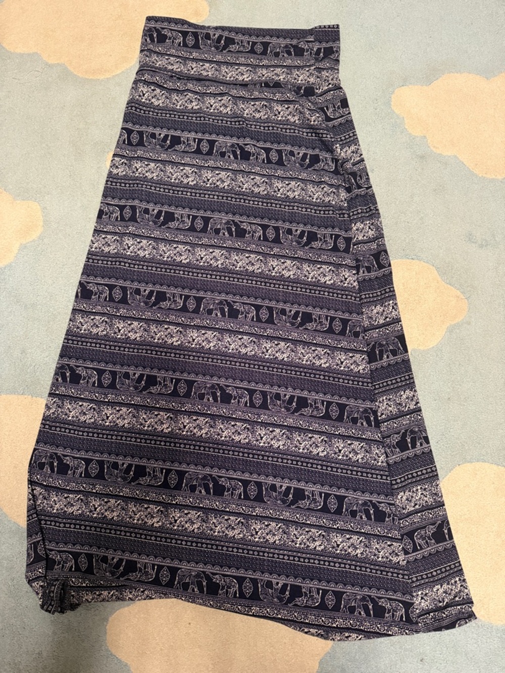Boho Maxi Skirt in Navy and White Elephant Print, size M